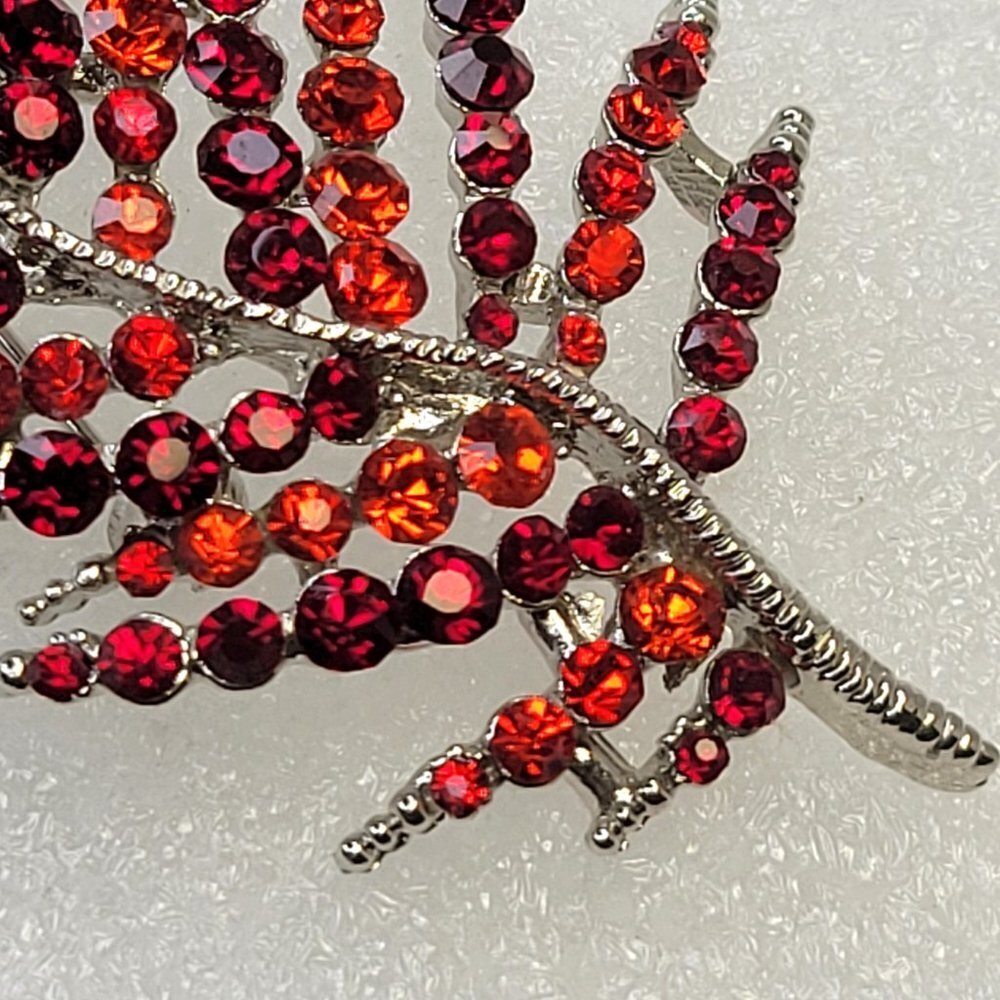 Red Rhinestone Leaf Brooch - Picture 8 of 13